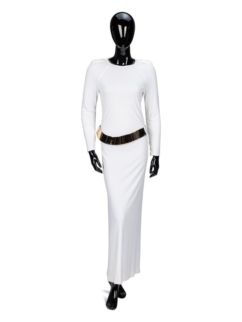 Important Tom Ford for Gucci, White Jersey Backless Gown, F/W 1996: Important Tom Ford for Gucci, White Jersey Backless Gown, F/W 1996 As seen in runway look #46 of the Fall/Winter 1996 ready-to-wear collection designed by Tom Ford for Gucci. Column gown in white
