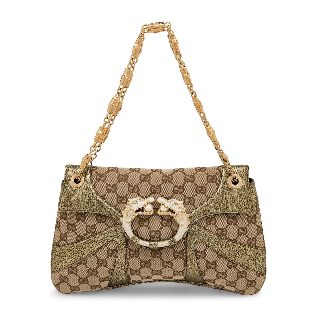 Gucci by Tom Ford, GG Dragon Bag: Gucci by Tom Ford, GG Dragon Bag Limited Edition Dragon bag in GG monogram jacquard canvas and metallic gold leather with a white enameled & rhinestone-set dragon detail at flap. Snap closure and bamb