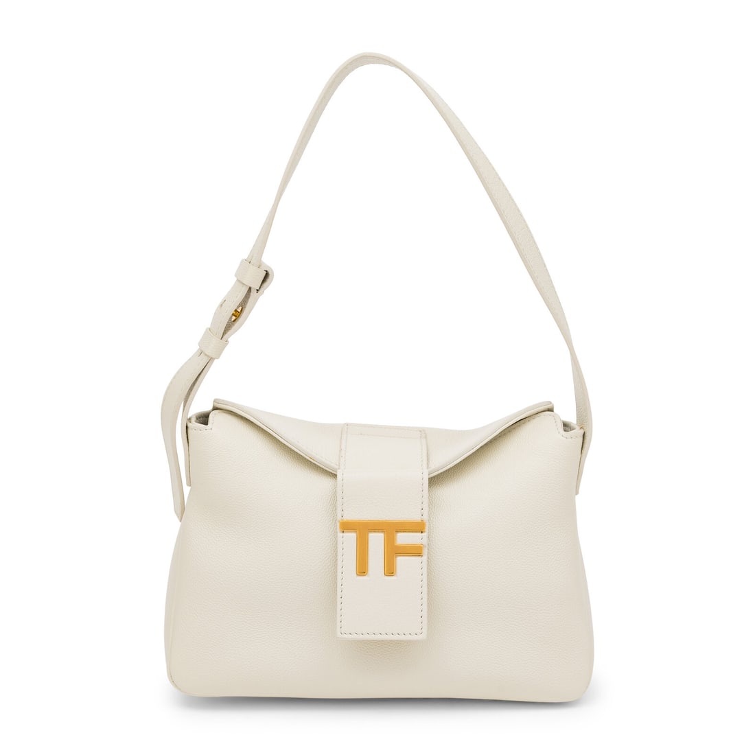 Tom Ford, Mini TF White Leather Bag: Tom Ford, Mini TF White Leather Bag Mini TF bag in pebbled ivory leather with gold-tone hardware. Magnetic snap closure and adjustable flat leather strap. Label: Tom Ford Date: 2010's-2020's Country o
