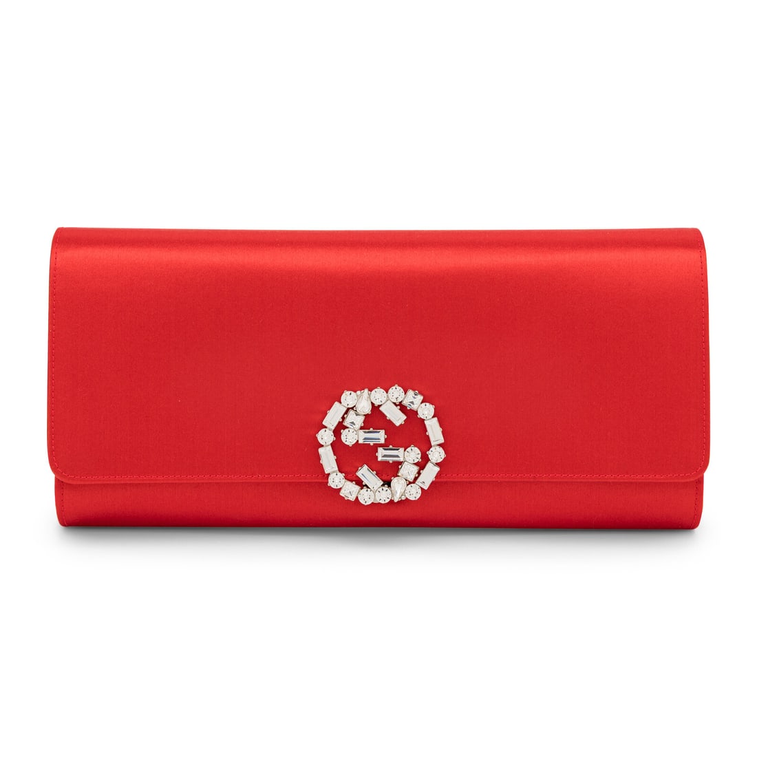 Gucci, Scarlet Satin Clutch: Gucci, Scarlet Satin Clutch Clutch in scarlet satin with an interlocking rhinestone GG latch closure. Label: Gucci Style/Serial No.: 392185 000926 Date: 2000's-2010's Country of Origin: Italy