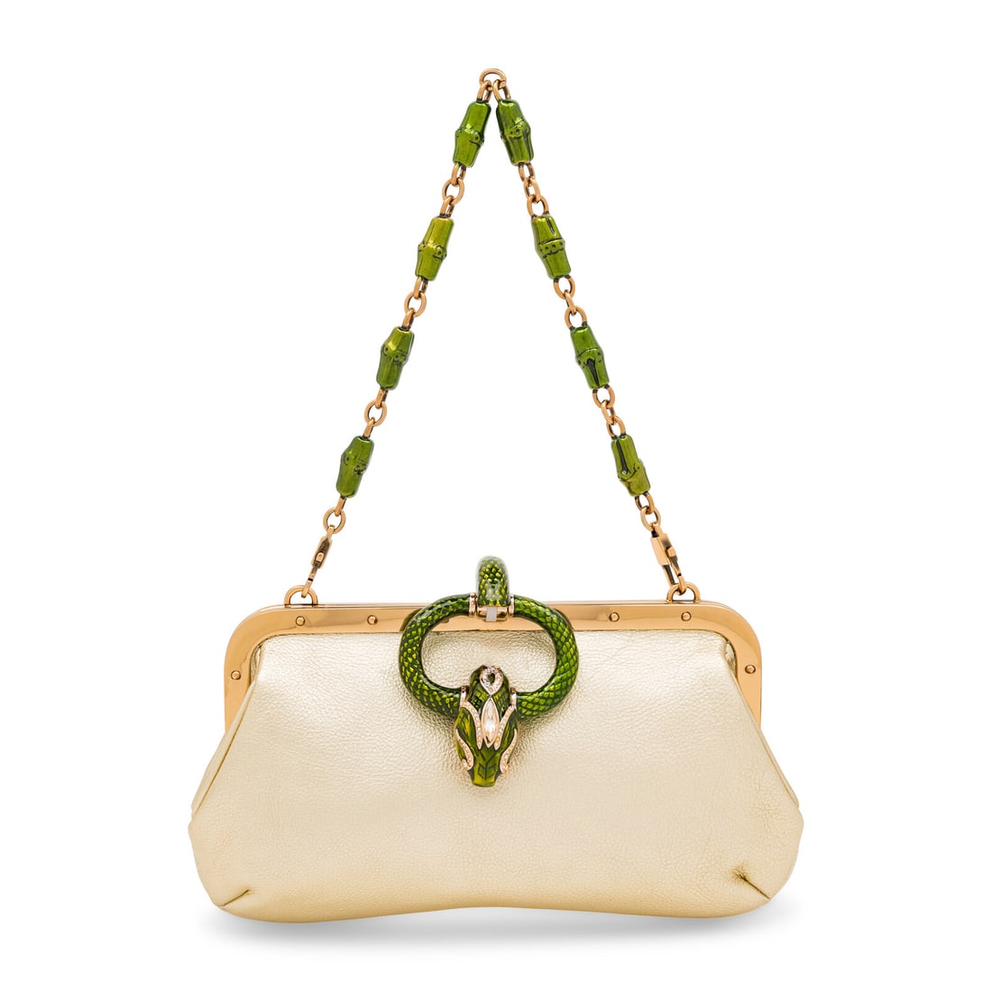 Gucci by Tom Ford, Snake Bag in Gold Leather: Gucci by Tom Ford, Snake Bag in Gold Leather Snake bag in metallic gold leather with a metallic green enamel & rhinestone snake detail and rose gold-tone hardware. Frame-top clasp closure and bamboo-m