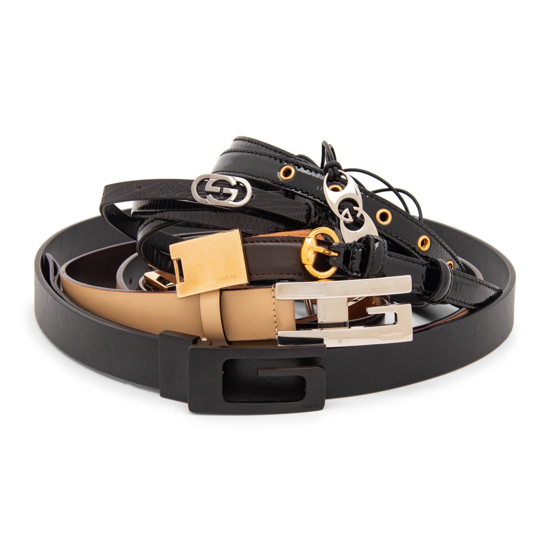 Gucci, Six Leather Belts: Gucci, Six Leather Belts THE FIRST Shoestring-style tie belt in thin black leather cords with a silver-tone metal mariner-link buckle. Label: Gucci Size Label: Unmarked Date: 1990's-2000's Country of