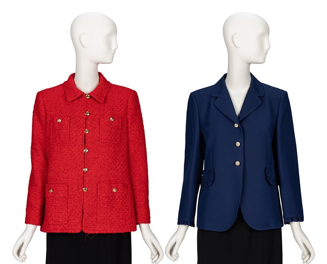 Gucci, Two Jackets: Gucci, Two Jackets THE FIRST Jacket in lipstick red textured tweed. Spread collar. Padding at shoulders. Full-length set-in sleeves. Four buttoned patch pockets at front. Six button & loop closures