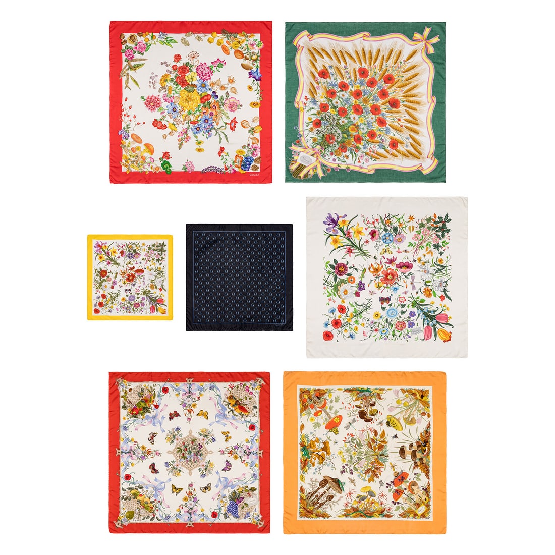 Gucci, Five Silk & Two Cotton Scarves: Gucci, Five Silk & Two Cotton Scarves THE FIRST Scarf in multicolor printed silk twill. Hand rolled & stitched edges. Label: Gucci Date: Late 20th - Early 21st Century Country of Origin: Italy