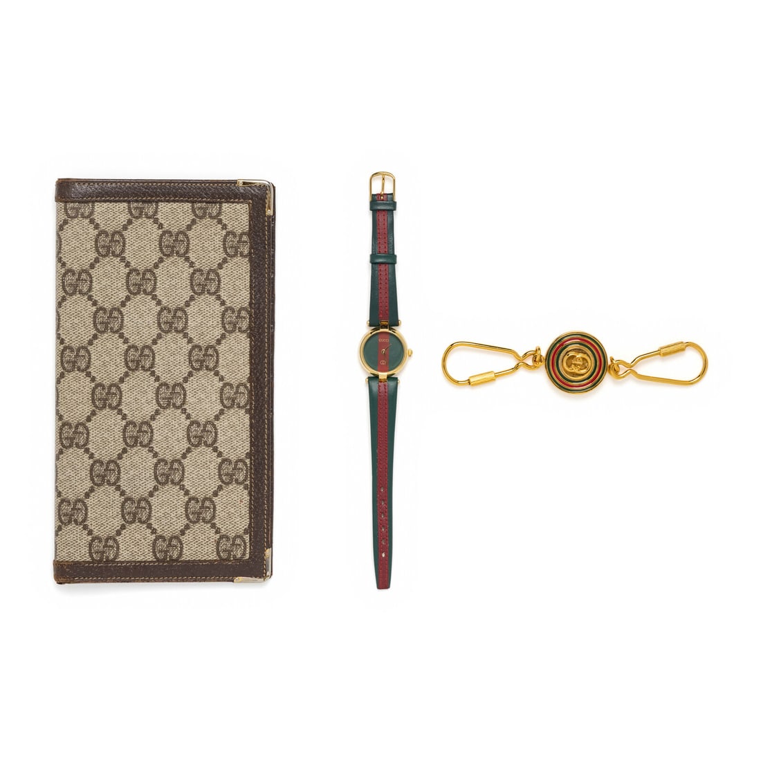Vintage Gucci; Wallet, Watch, and Key Chain: Vintage Gucci; Wallet, Watch, and Key Chain THE FIRST Wallet in GG monogram-printed coated canvas and dark brown pigskin leather. Label: Gucci Date: Late 20th Century Country of Origin: Italy Approxim
