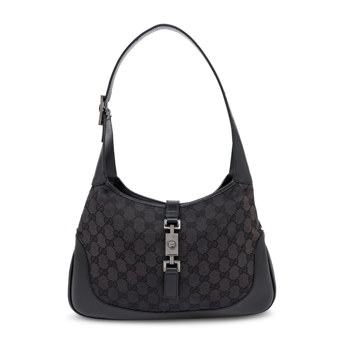 Gucci by Tom Ford, Black Monogram Jackie Hobo: Gucci by Tom Ford, Black Monogram Jackie Hobo Jackie Hobo bag in black GG monogram jacquard with black leather trim. Piston lock closure and flat leather strap. Label: Gucci, by Tom Ford Style/Serial