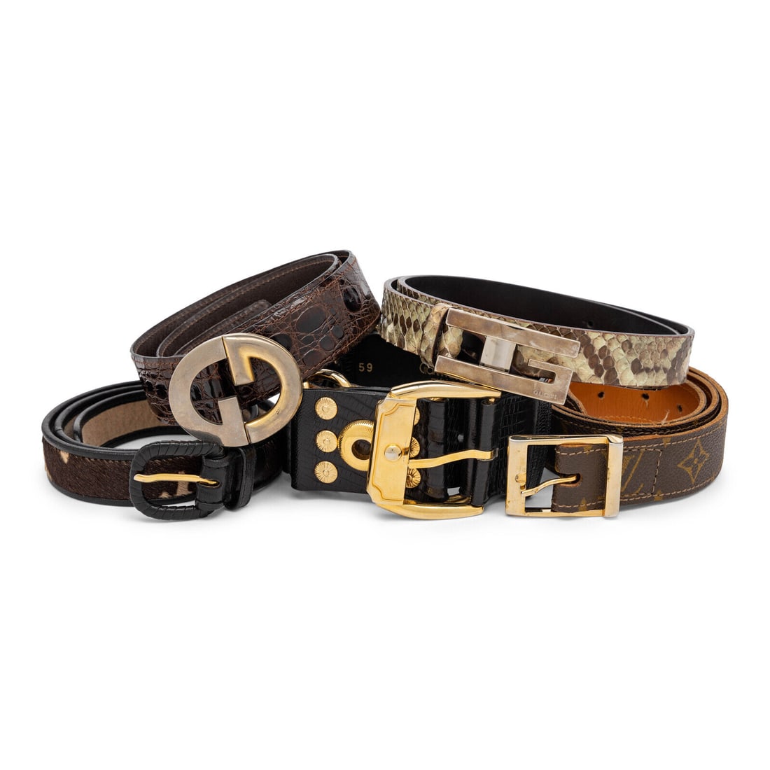 Group of Five Designer Belts including Gucci and Gianni Versace: Group of Five Designer Belts including Gucci and Gianni Versace THE FIRST Belt in multicolor python skin with a silver-tone metal G buckle. Label: Gucci Size Label: 75/30 Date: 1990's-2000's Country