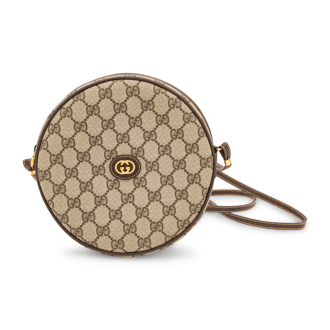 Gucci, Monogram Circular Shoulder Bag: Gucci, Monogram Circular Shoulder Bag Circular shoulder bag in GG monogram-print coated canvas with brown leather trim. Zipper closure and flat leather strap. Label: Gucci Style/Serial No.: