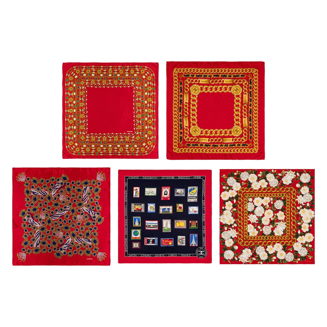 Chanel, Five Silk Scarves: Chanel, Five Silk Scarves THE FIRST Scarf in multicolor printed silk jacquard. Hand rolled & stitched edges. Label: Chanel Date: Late 20th Century Country of Origin: Unmarked, likely France/Italy