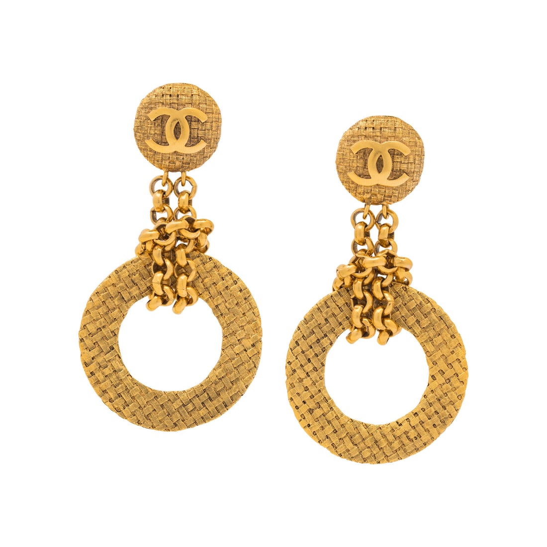 Chanel, Hoop Dangle Ear Clips: Chanel, Hoop Dangle Ear Clips Pair of ear clips in gold-tone metal with woven-motif and chain details. Standard clip backs. Label: Chanel Date: Late 1980's - Early 1990's Country of Origin: France