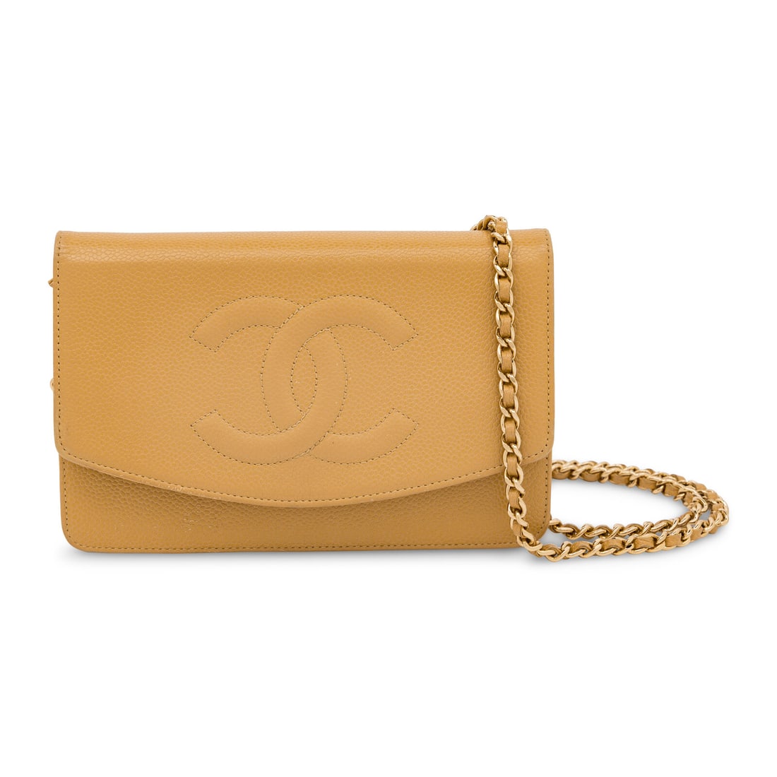 Chanel, Timeless Wallet-On-Chain: Chanel, Timeless Wallet-On-Chain Timeless wallet-on-chain bag in tan caviar leather with gold-tone hardware. Snap closure and interwoven leather-metal chain strap. Label: Chanel Style/Serial No.: 9355