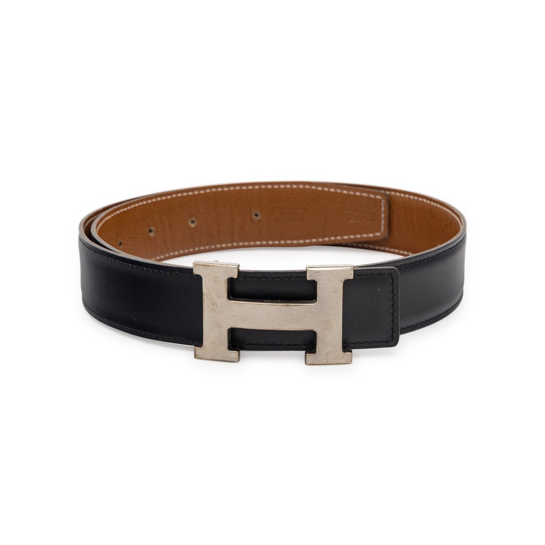 Hermès, Reversible Constance Belt in Black/Brown Leather: Hermès, Reversible Constance Belt in Black/Brown Leather Reversible Constance belt in black leather & brown Epsom leather with a brushed palladium H buckle. Label: Hermès Stamp: C in Square Size