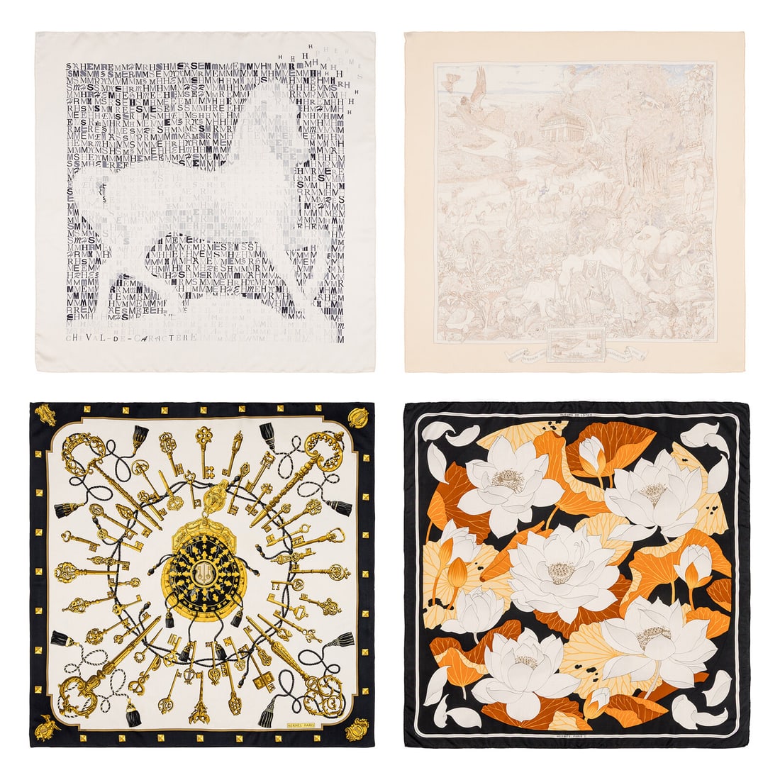 Hermès, Four Silk Scarves 90: Hermès, Four Silk Scarves 90 THE FIRST “Cheval de caractère” Scarf 90 in printed silk twill. Features rolled and hand-stitched edges. Label: Hermès Artist: Dimitri Rybaltchenko Date: