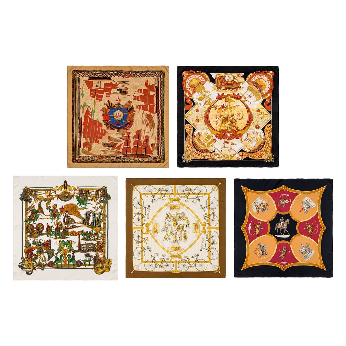 Hermès, Five Silk Scarves 90: Hermès, Five Silk Scarves 90 THE FIRST “Henry F Smith Sailor” Scarf 90 in printed silk twill. Features rolled and hand-stitched edges. Label: Hermès Artist: Philippe Dumas Date: Originally r