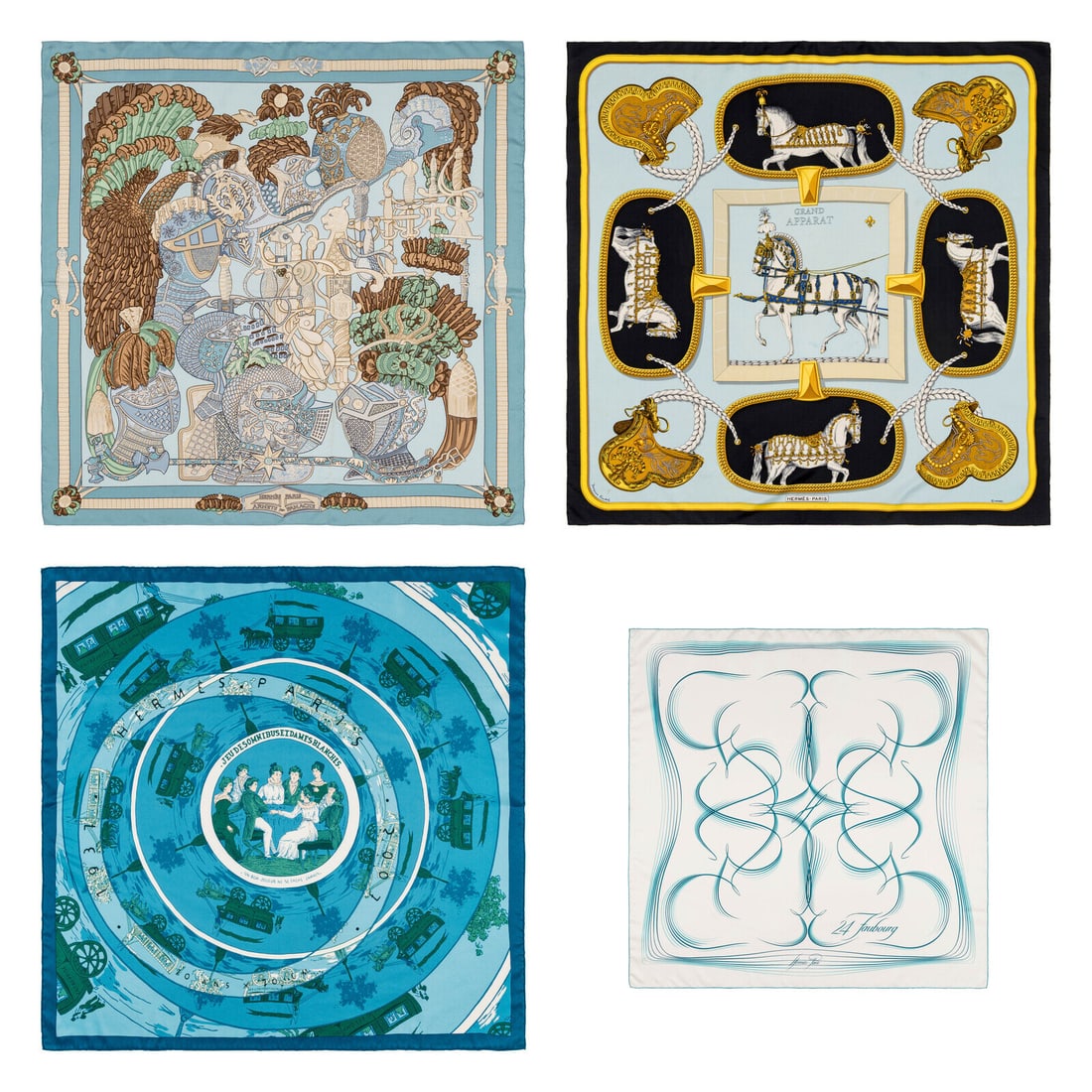 Hermès, Three Silk Scarves 90 & One Silk Scarf 65: Hermès, Three Silk Scarves 90 & One Silk Scarf 65 THE FIRST “Armets en panache” Scarf 90 in printed silk twill. Features rolled and hand-stitched edges. Label: Hermès Artist: Annie Faivre