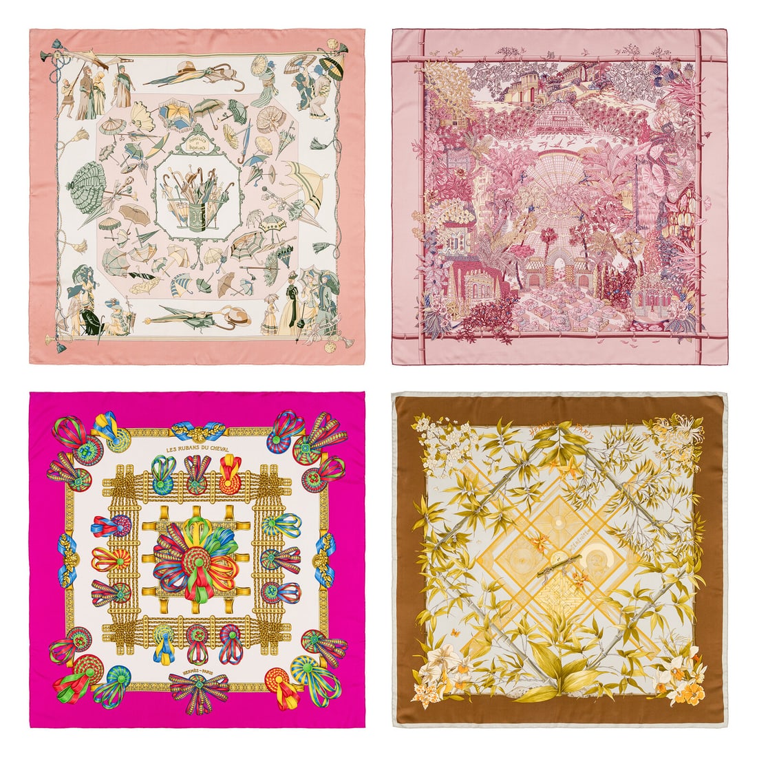 Hermès, Four Silk Scarves 90: Hermès, Four Silk Scarves 90 THE FIRST “Ombrelles et parapluies” Scarf 90 in printed silk twill. Features rolled and hand-stitched edges. Label: Hermès Artist: Hubert de Watrigant Date: Orig
