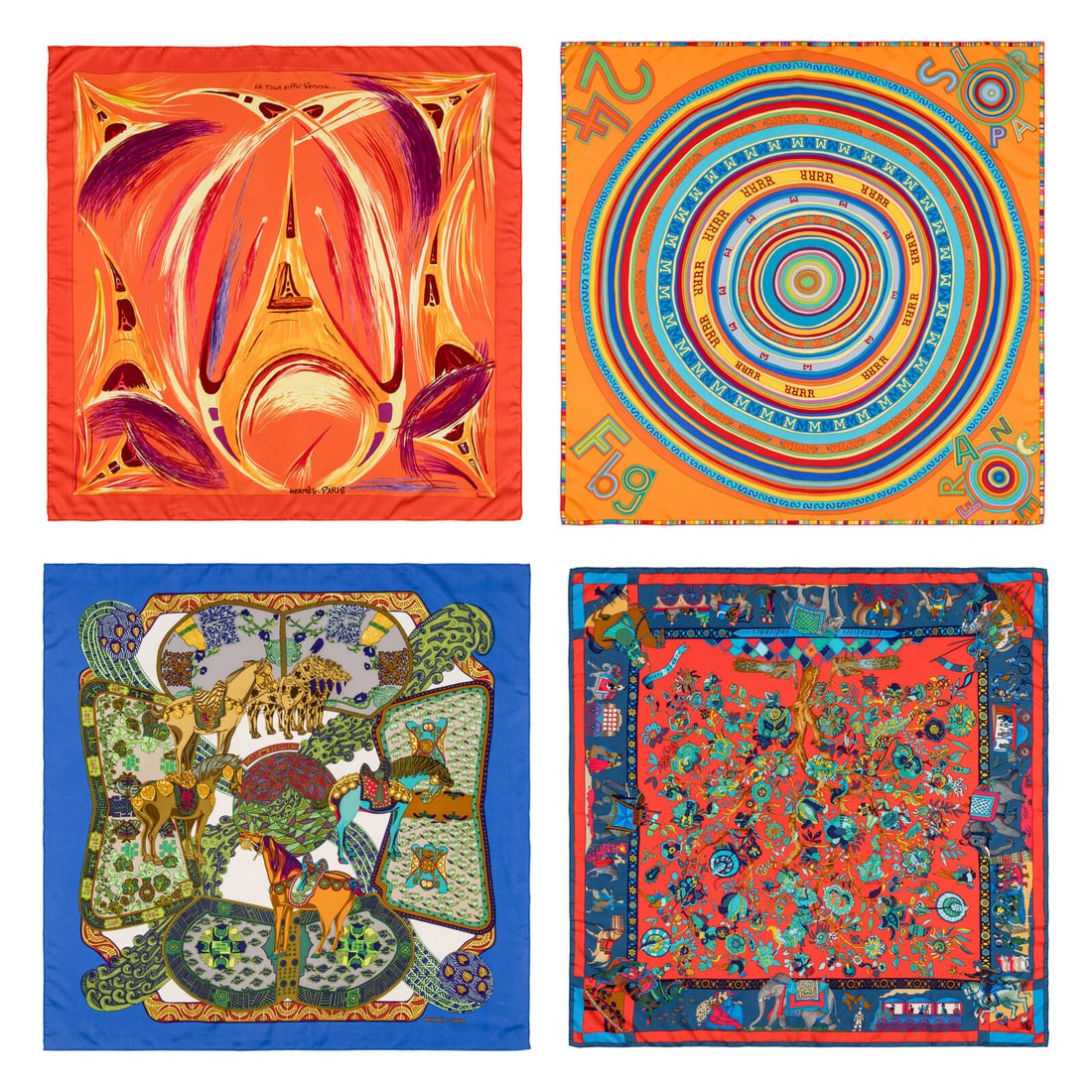 Hermès, Four Silk Scarves 90: Hermès, Four Silk Scarves 90 THE FIRST “La Tour Eiffel S'Envole” Scarf 90 in printed silk twill. Features rolled and hand-stitched edges. (Includes box.) Label: Hermès Artist: Sefedine Ibrah