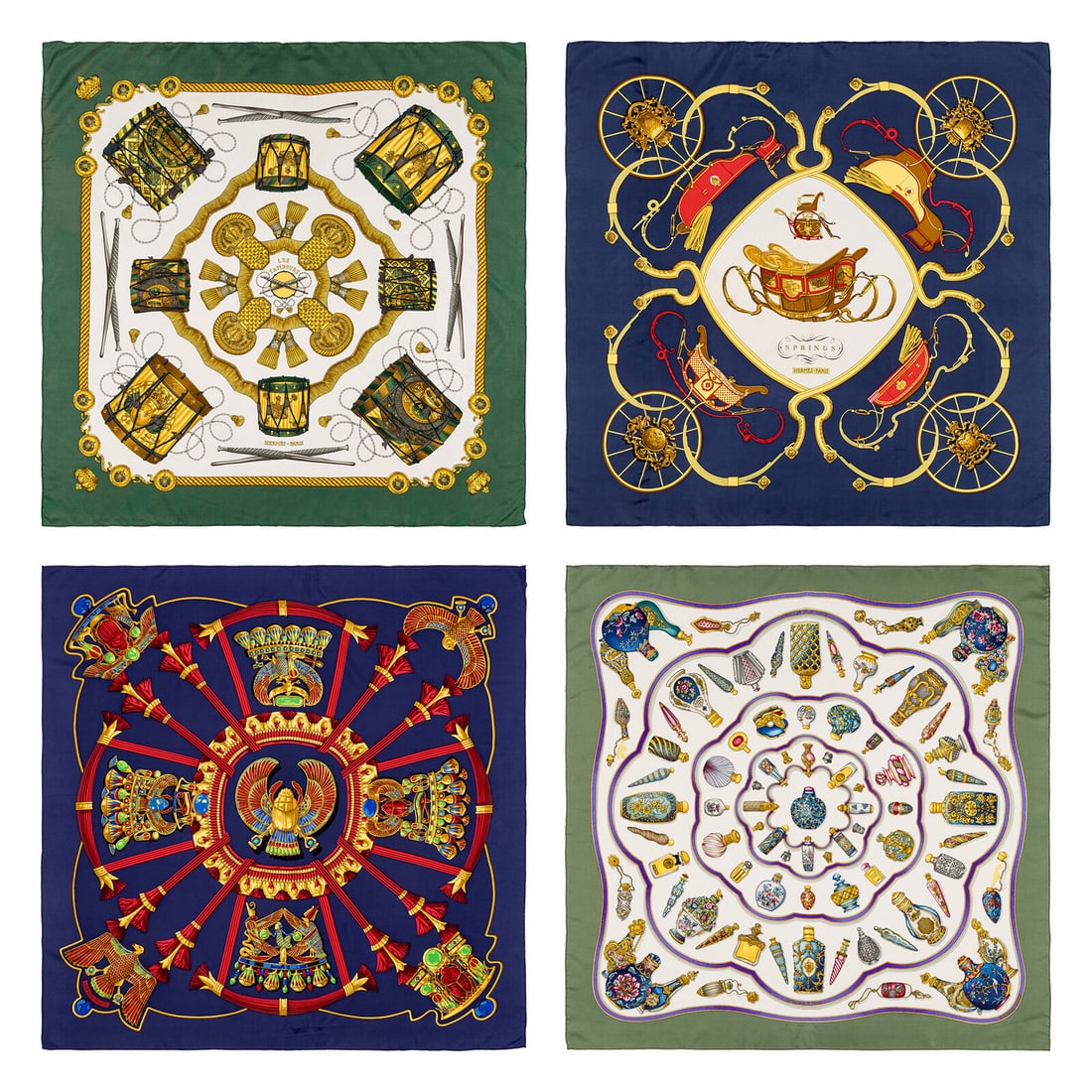 Hermès, Four Silk Scarves 90: Hermès, Four Silk Scarves 90 THE FIRST “Les tambours” Scarf 90 in printed silk twill. Features rolled and hand-stitched edges. Label: Hermès Artist: Joachim Metz Date: Originally released in
