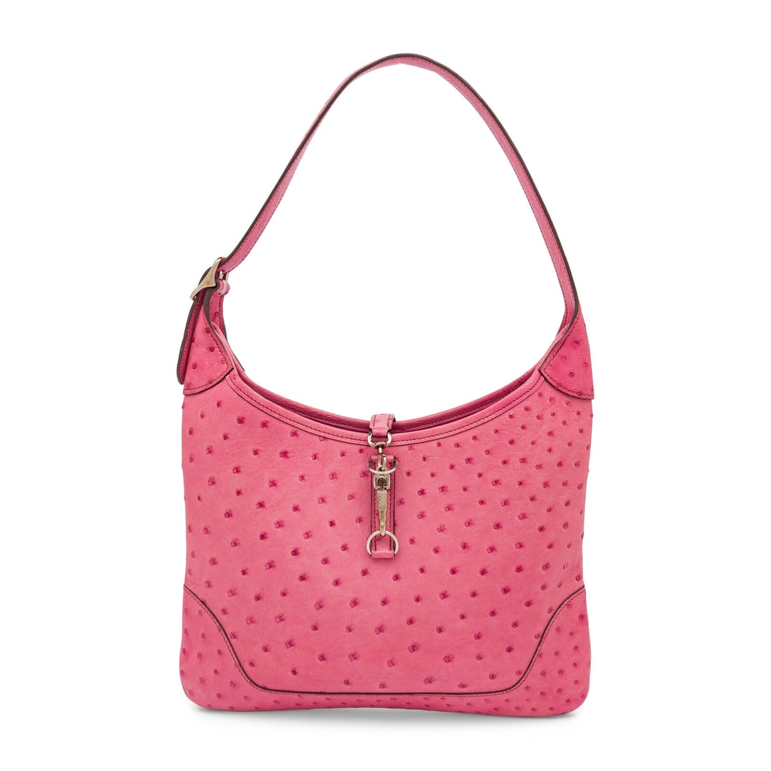 Hermès, Trim I 30 Bag in Pink Ostrich: Hermès, Trim I 30 Bag in Pink Ostrich Trim I 30 bag in pink ostrich leather with palladium-plated hardware. Open top with latch tab closure and flat leather strap. Label: Hermès Stamp: K in Square D