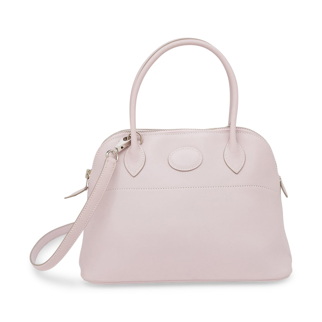Hermès, Bolide 27 in Rose Sakura Swift: Hermès, Bolide 27 in Rose Sakura Swift Bolide 27 bag in Rose Sakura Swift leather with palladium-plated hardware. Zipper closure, rolled leather handles, and removable flat leather strap. Label: Herm