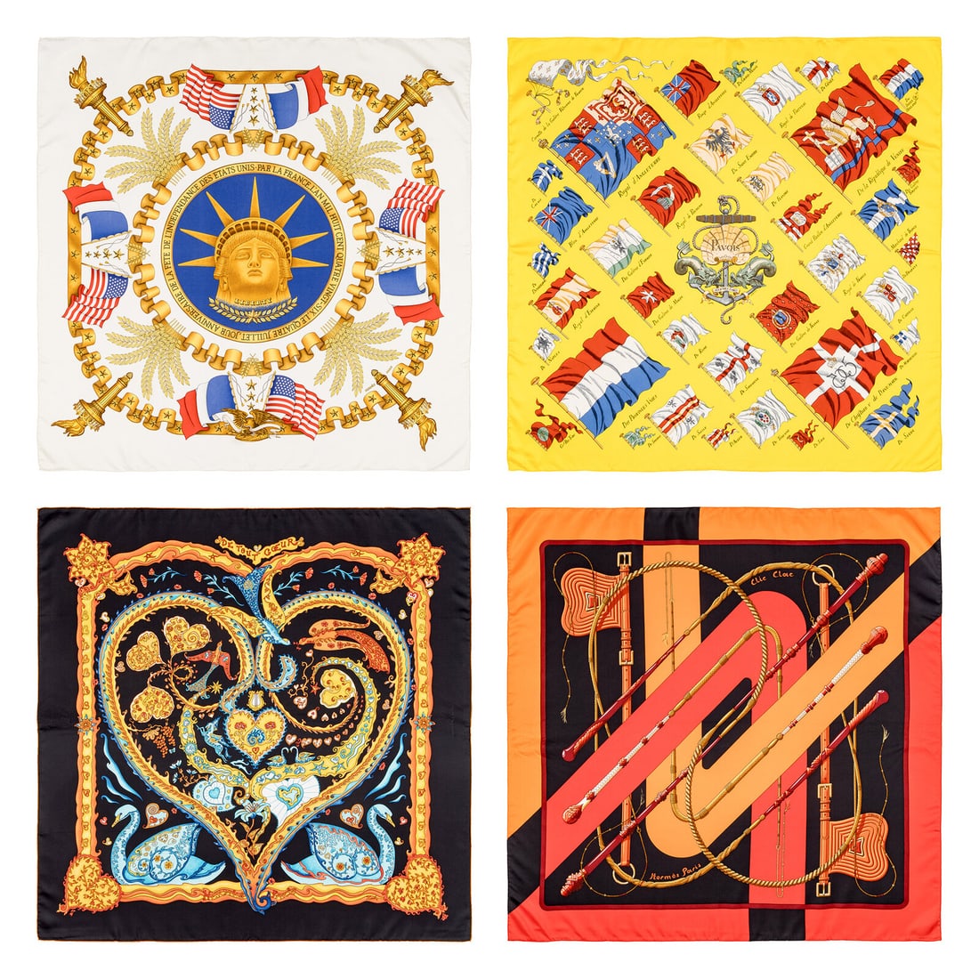 Hermès, Four Silk Scarves 90: Hermès, Four Silk Scarves 90 THE FIRST “Liberty” Scarf 90 in printed silk twill. Features rolled and hand-stitched edges. Label: Hermès Artist: Joachim Metz Date: Originally released in