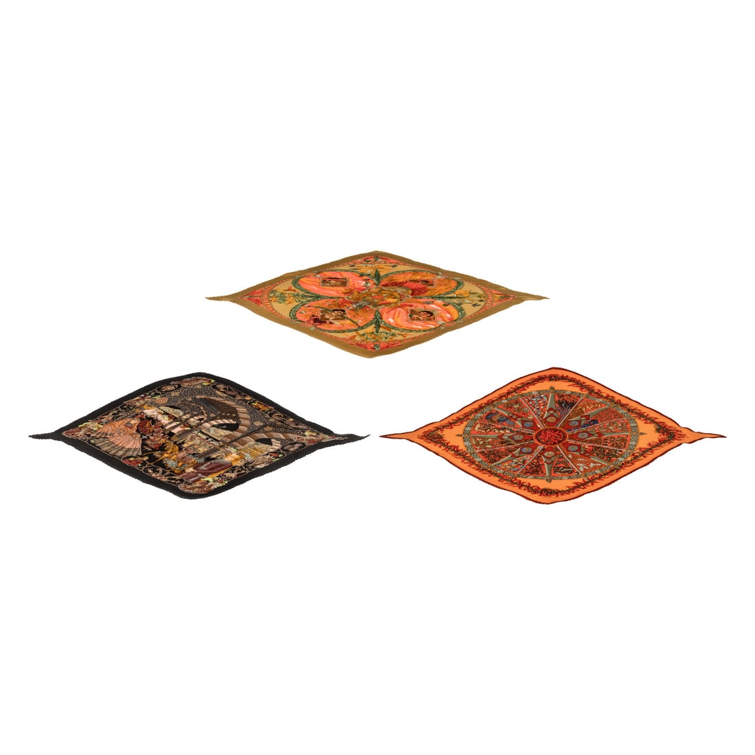 Hermès, Three Pleated Scarves: Hermès, Three Pleated Scarves THE FIRST “Amazonia” Pleated Scarf 90 in printed silk twill. Features rolled and hand-stitched edges. Includes circular box. Label: Hermès Artist: Laurence Bour