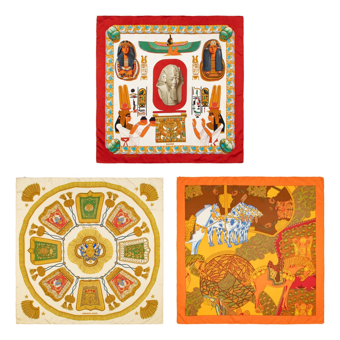Hermès, Three Silk Scarves 90: Hermès, Three Silk Scarves 90 THE FIRST “Ramsès” Scarf 90 in printed silk twill. Features rolled and hand-stitched edges. Label: Hermès Artist: Simone Heraint Date: Originally released in