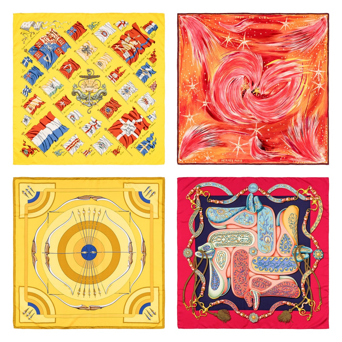 Hermès, Four Silk Scarves 90: Hermès, Four Silk Scarves 90 THE FIRST “Pavois” Scarf 90 in printed silk twill. Features rolled and hand-stitched edges. Label: Hermès Artist: Philippe Ledoux Date: Originally released in