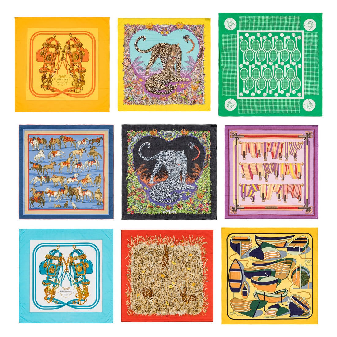 Hermès, Nine Cotton Scarves 65: Hermès, Nine Cotton Scarves 65 THE FIRST “Brides de Gala” Scarf 65 in printed cotton lawn. Features rolled and hand-stitched edges. Label: Hermès Artist: Hugo Grygkar Date: Originally releas