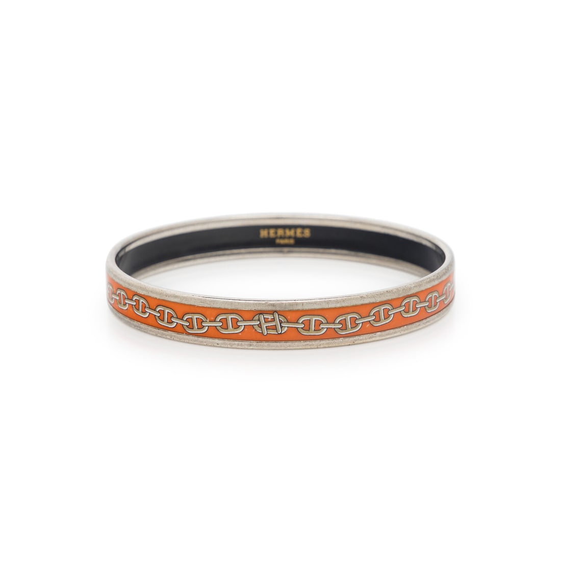 Hermès, Enameled Bangle Bracelet: Hermès, Enameled Bangle Bracelet Bangle bracelet in palladium-plated metal with an orange enameled "Chain d'Ancre" design. Label: Hermès Date: 2000's Country of Origin: France Approximate