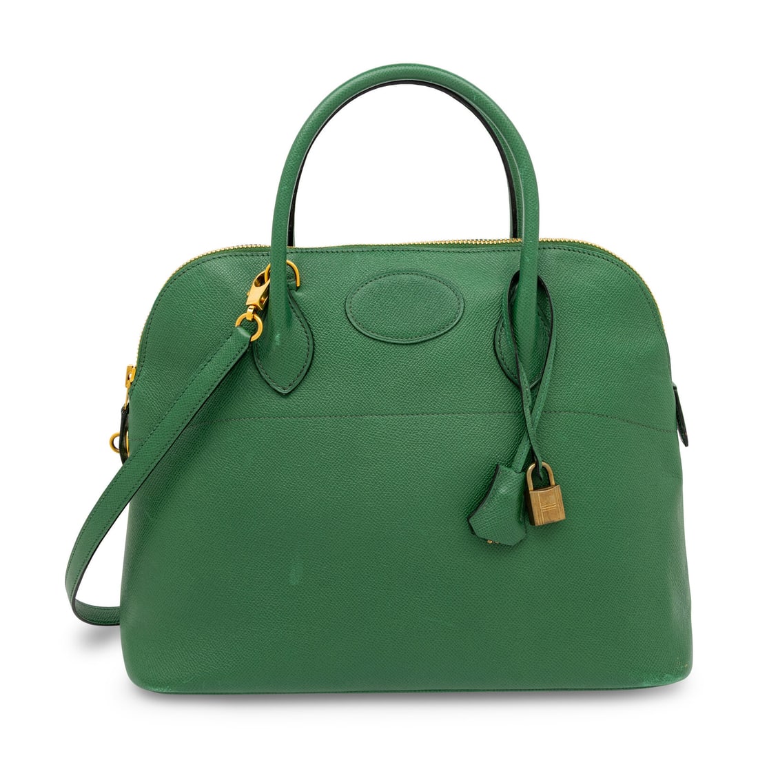 Hermès, Bolide 35 in Green Epsom: Hermès, Bolide 35 in Green Epsom Bolide 35 bag in green Epsom leather with gold-plated hardware. Zipper closure, rolled leather handles, and removable flat leather strap. Label: Hermès Stamp: U in