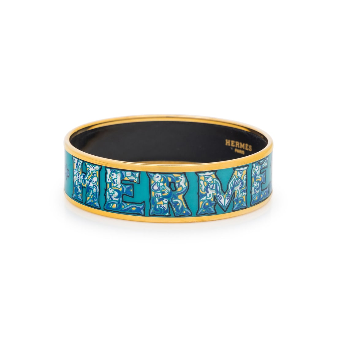 Hermès, Enameled Bangle Bracelet: Hermès, Enameled Bangle Bracelet Enameled and gold-plated bangle bracelet in “Alphabet Russe” design by Evgenia Miroschnichenko, designed in 2006. Includes box. Label: Hermès Country of