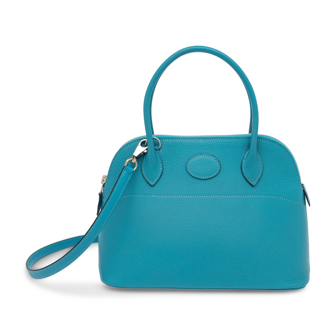 Hermès, Bolide 27 Bag in Turquoise Chevre Mysore: Hermès, Bolide 27 Bag in Turquoise Chevre Mysore Bolide 27 bag in Turquoise Chevre Mysore leather with palladium-plated hardware. Zipper closure, rolled leather handles, and removable flat leather