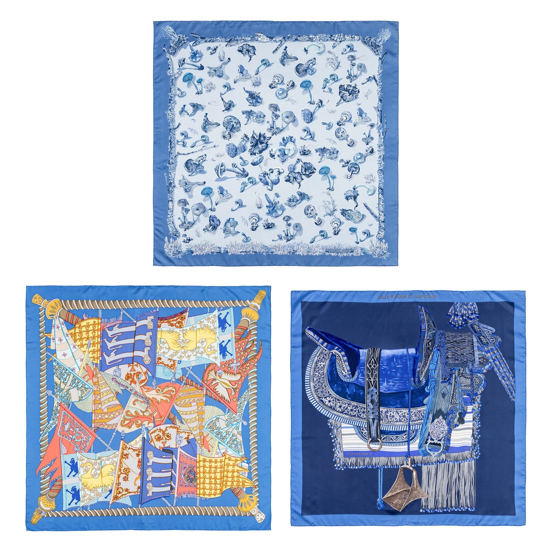 Hermès, Three Silk Scarves 90: Hermès, Three Silk Scarves 90 THE FIRST “Les champignons II” Scarf 90 in printed silk twill. Features rolled and hand-stitched edges. Label: Hermès Artist: Françoise De La Perriere, Anne