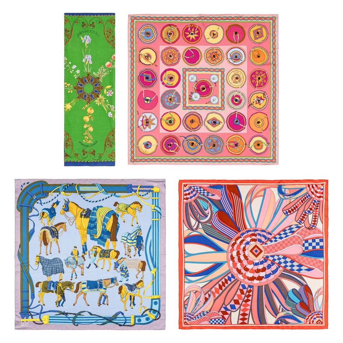 Hermès, Four Silk Scarves: Hermès, Four Silk Scarves THE FIRST “Arabesques” Rectangular Scarf in printed silk twill. Features rolled and hand-stitched edges. Label: Hermès Artist: Henri d'Origny Date: Originally