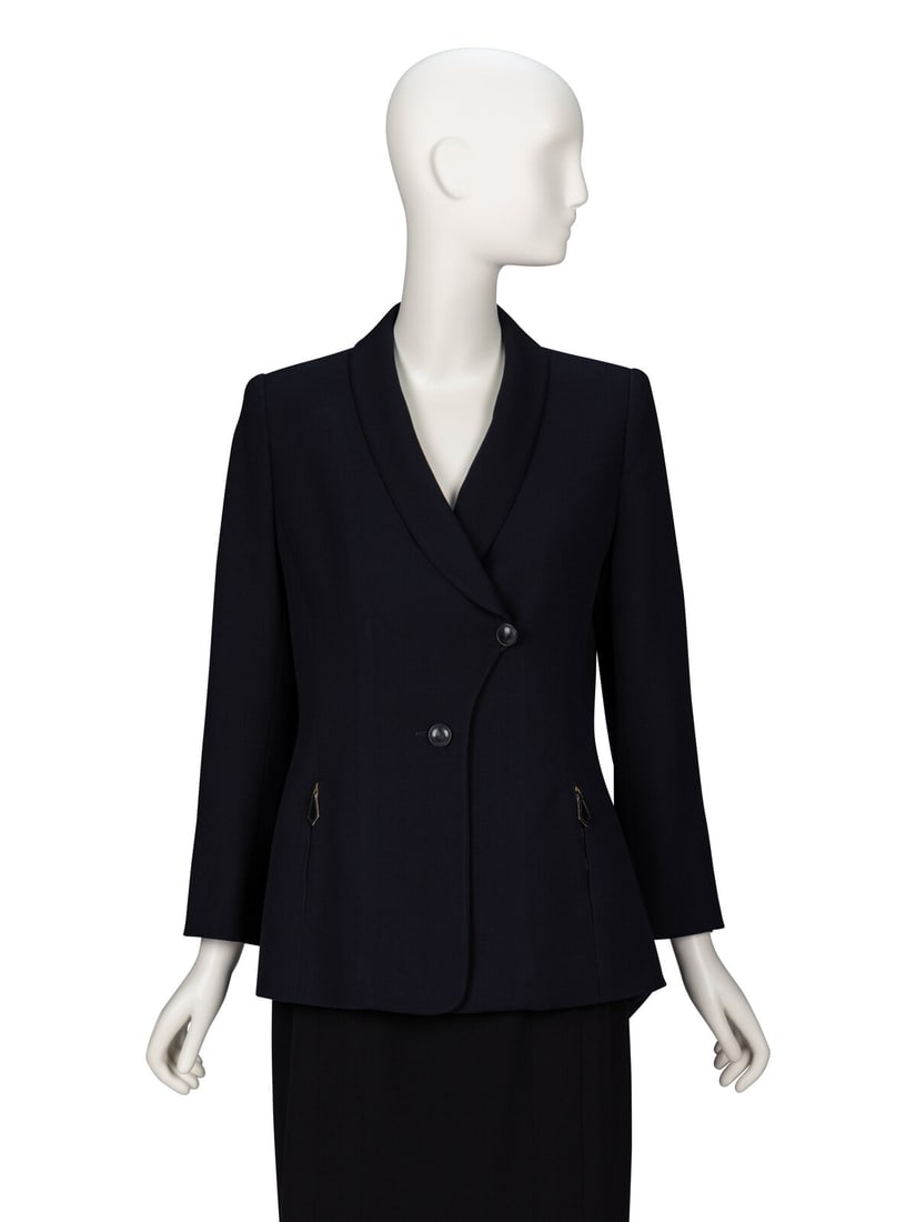 Hermès, Tailored Navy Blazer: Hermès, Tailored Navy Blazer Tailored blazer jacket in deep navy wool crêpe. Shawl collar/lapels. Light padding at shoulders. Full-length set-in sleeves with decorative buttons at cuffs. Two