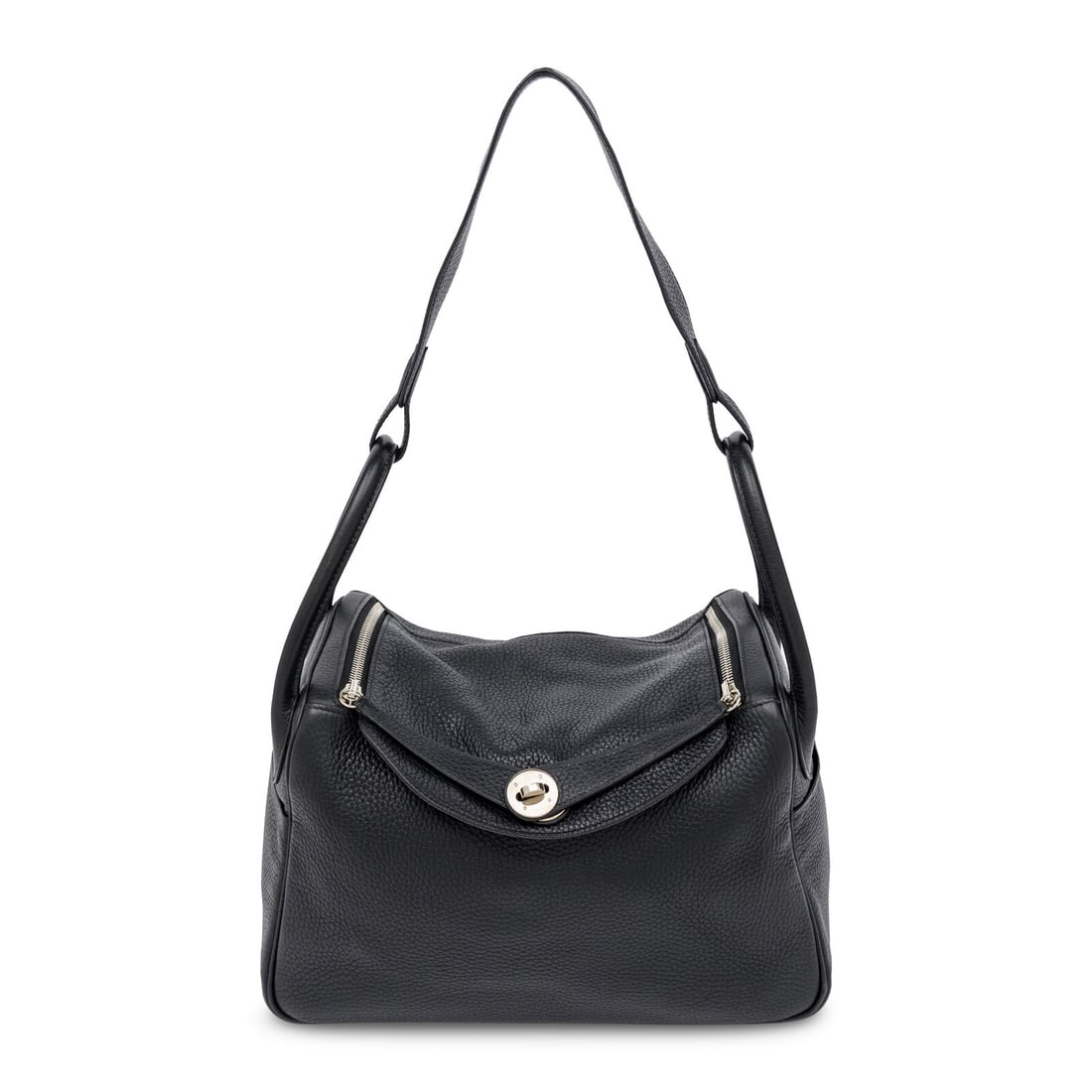 Hermès, Lindy 30 in Noir Clemence: Hermès, Lindy 30 in Noir Clemence Lindy 30 bag in Noir Clemence leather. Double zippers and turn-lock closure, rolled handles and attached flat leather strap. Label: Hermès Stamp: J in Square Date:
