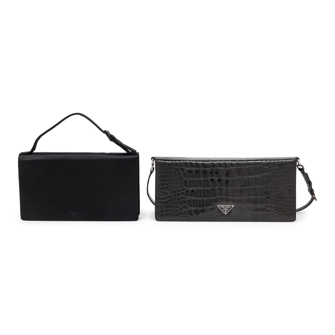 Prada, Two Black Handbags: Prada, Two Black Handbags THE FIRST Evening bag in black satin. Magnetic snap closure and buckled satin strap handle. Label: Prada Date: 2000's-2010's Country of Origin: Italy Approximate Measurements