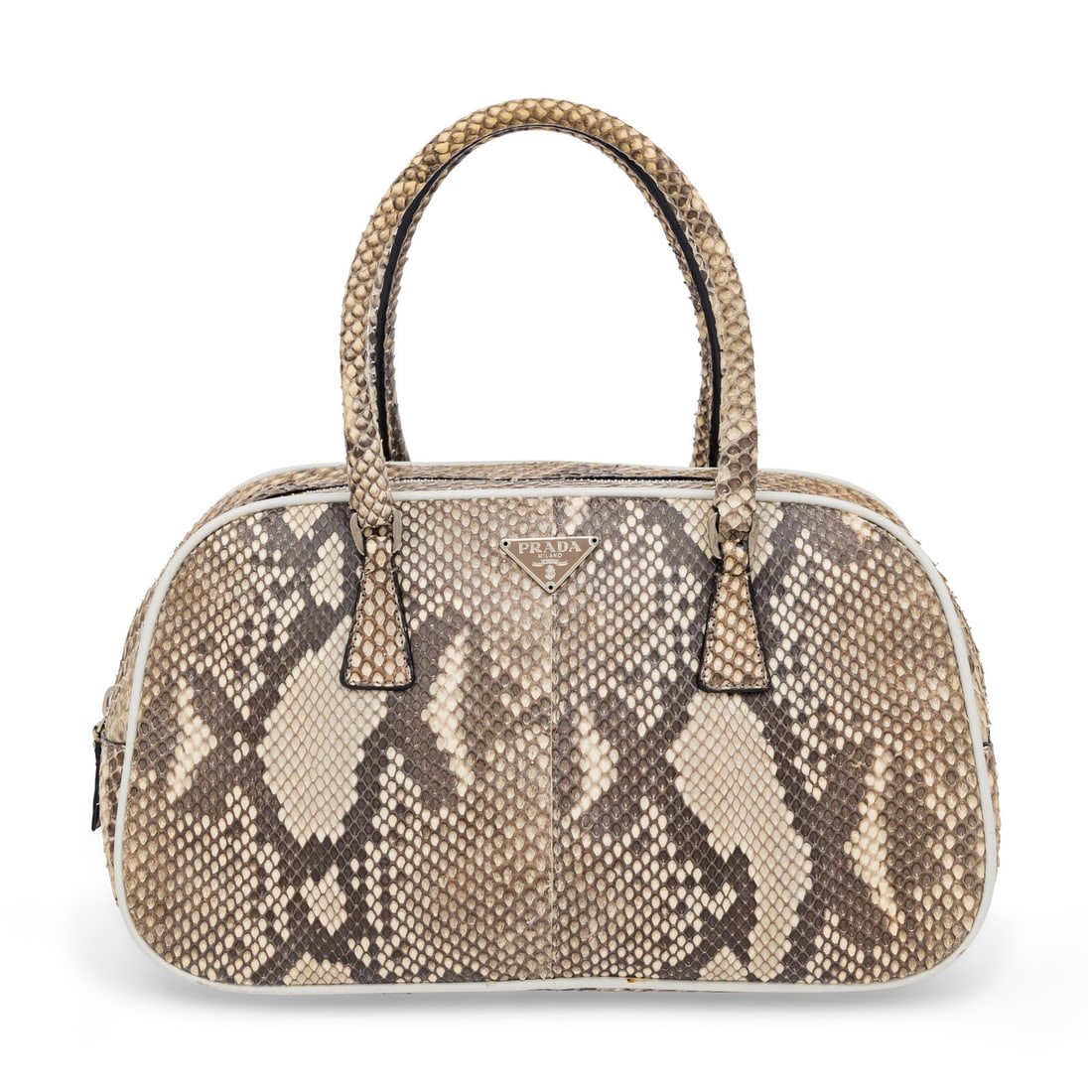 Prada, Python Bowling Bag: Prada, Python Bowling Bag Bowling bag in python skin with off-white leather trim. Zipper closure and rolled handles. Label: Prada Date: 2000's-2010's Country of Origin: Italy Approximate