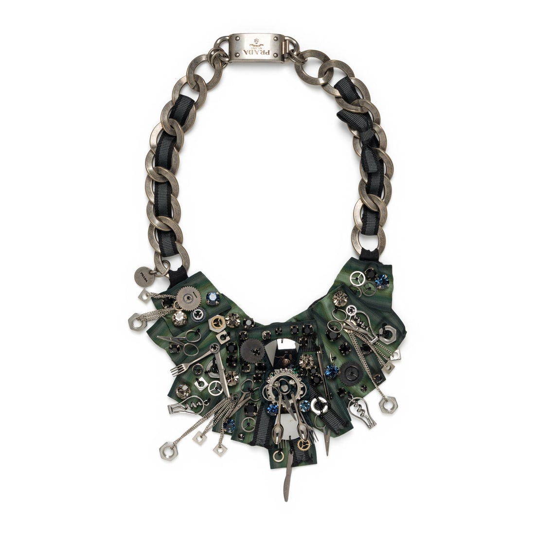 Prada, Embellished Grosgrain Bib Necklace: Prada, Embellished Grosgrain Bib Necklace Bib necklace in aged silver-tone metal with interwoven ribbon and chain details and a green grosgrain ribbon bib with rhinestone and hardware embellishments.