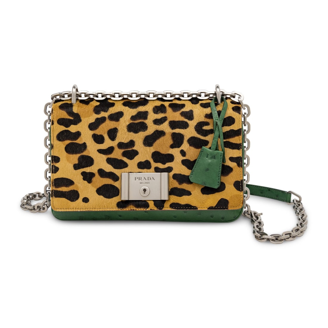 Prada, Shoulder Bag in Leopard-Print Pony Hair & Green Ostrich: Prada, Shoulder Bag in Leopard-Print Pony Hair & Green Ostrich Shoulder flap bag in leopard-print pony hair and green ostrich. Push-lock clasp closure and metal chain and ostrich strap. Label: Prada