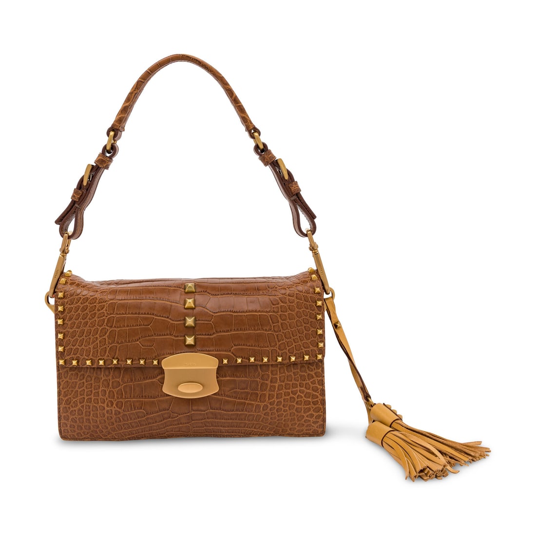 Prada, Vitello Metal Sound Bag in Tobacco Crocodile: Prada, Vitello Metal Sound Bag in Tobacco Crocodile Vitello Meta Sound bag in tobacco brown crocodile skin with brushed gold-tone hardware. Push-lock clasp closure and flat leather handle. Label: Prad