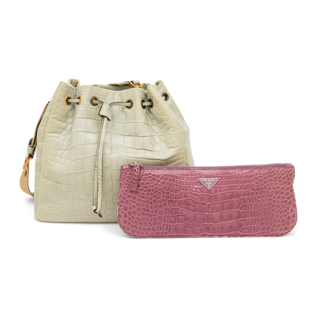 Prada, Two Crocodile Bags: Prada, Two Crocodile Bags THE FIRST Bucket bag in celadon crocodile skin with gold-tone hardware. Drawstring top closure and adjustable woven strap. Label: Prada Date: 2000's-2010's Country of