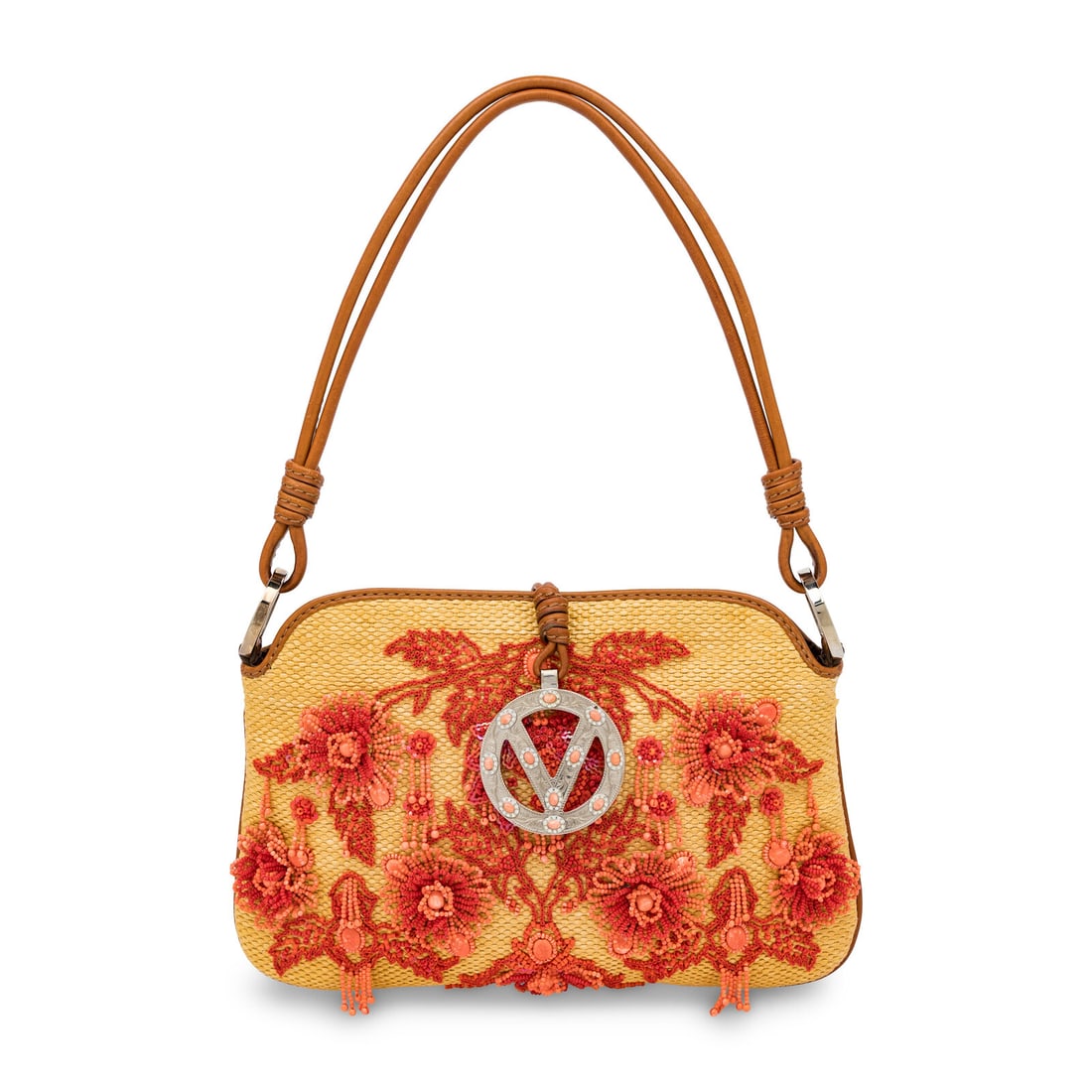 Valentino, Handbag in Beaded Canvas & Leather: Valentino, Handbag in Beaded Canvas & Leather Handbag in straw canvas with pink & red bead embellishments and brown leather trim. Open top and rolled leather handle. Label: Valentino Date: 2000's