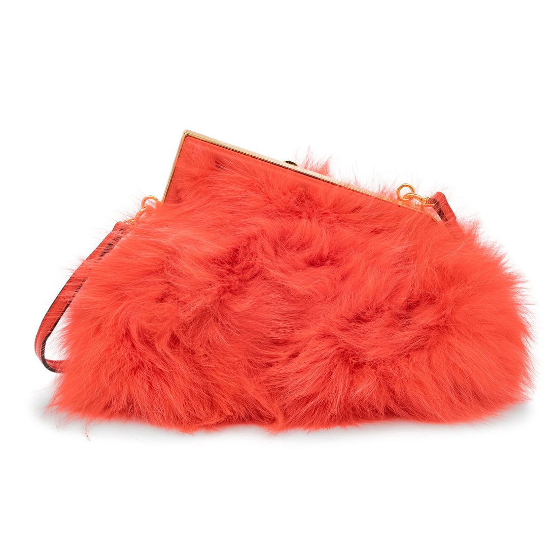 Fendi, Fox Fur First Bag: Fendi, Fox Fur First Bag First bag in coral red fox fur and leather with gold-tone hardware. Push-lock frame top closure and retractable flat leather strap. Label: Fendi Style/Serial No.: 8BP129 AL9E