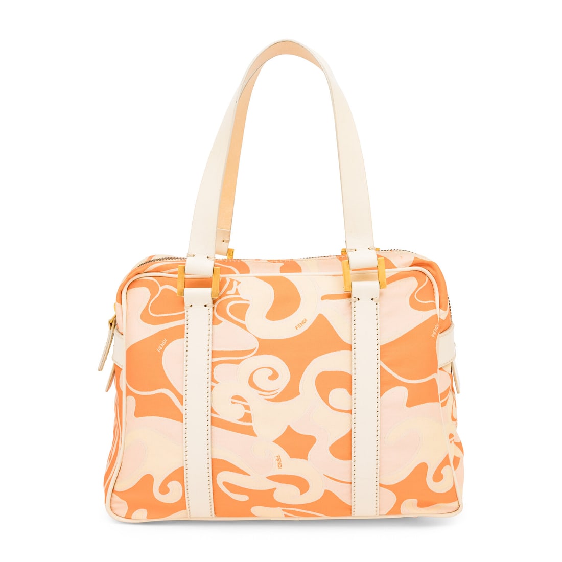 Fendi, Orange Jacquard & Leather Handbag: Fendi, Orange Jacquard & Leather Handbag Handbag in orange & cream swirl-patterned jacquard with cream leather trim. Zipper closure and flat leather handles. Label: Fendi Date: 2000's Country of