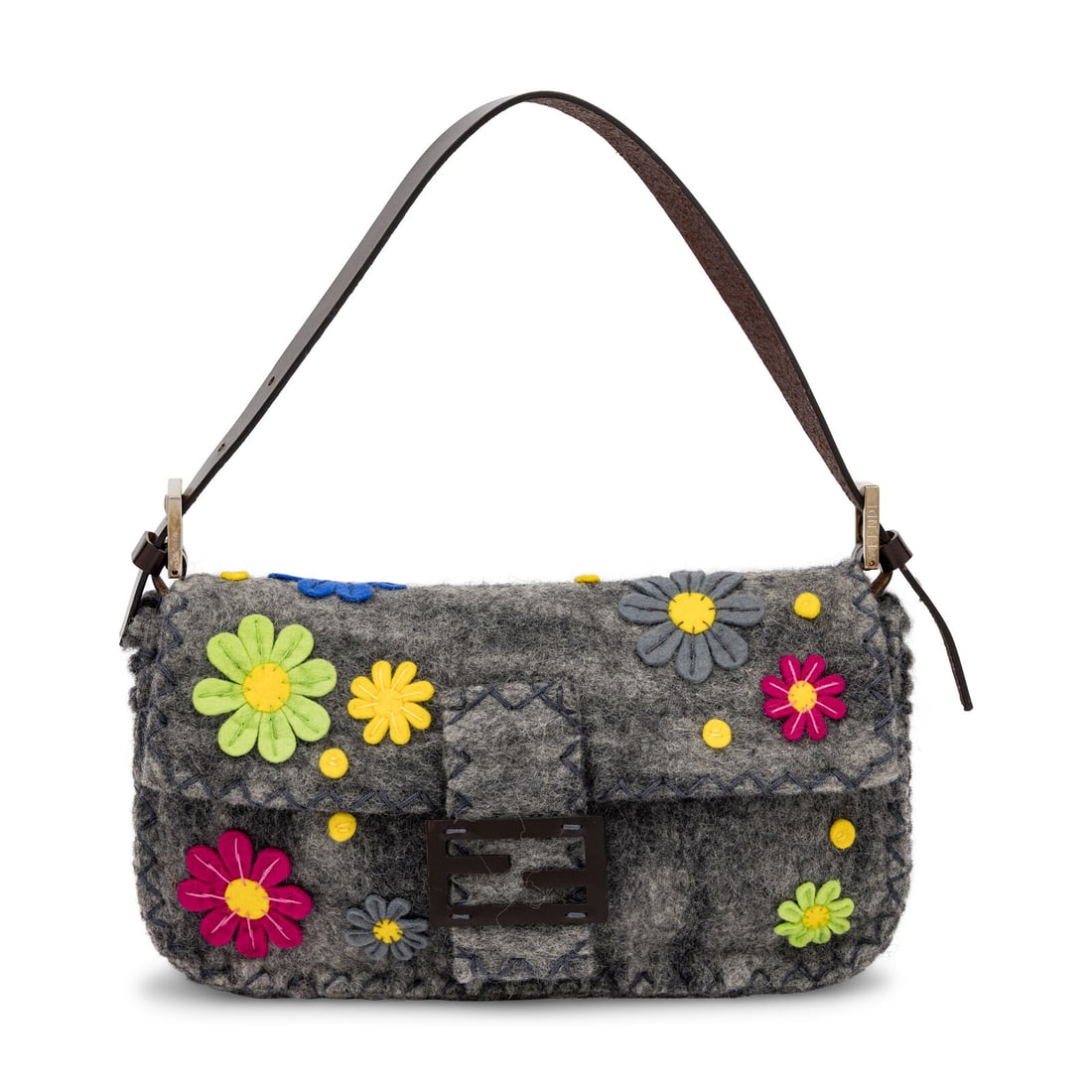 Fendi, Felted Wool Baguette: Fendi, Felted Wool Baguette Baguette bag in felted grey wool with blanket-stitched edges and multicolor felt flower embellishments and brown leather trim. Magnetic snap closure and flat leather strap.
