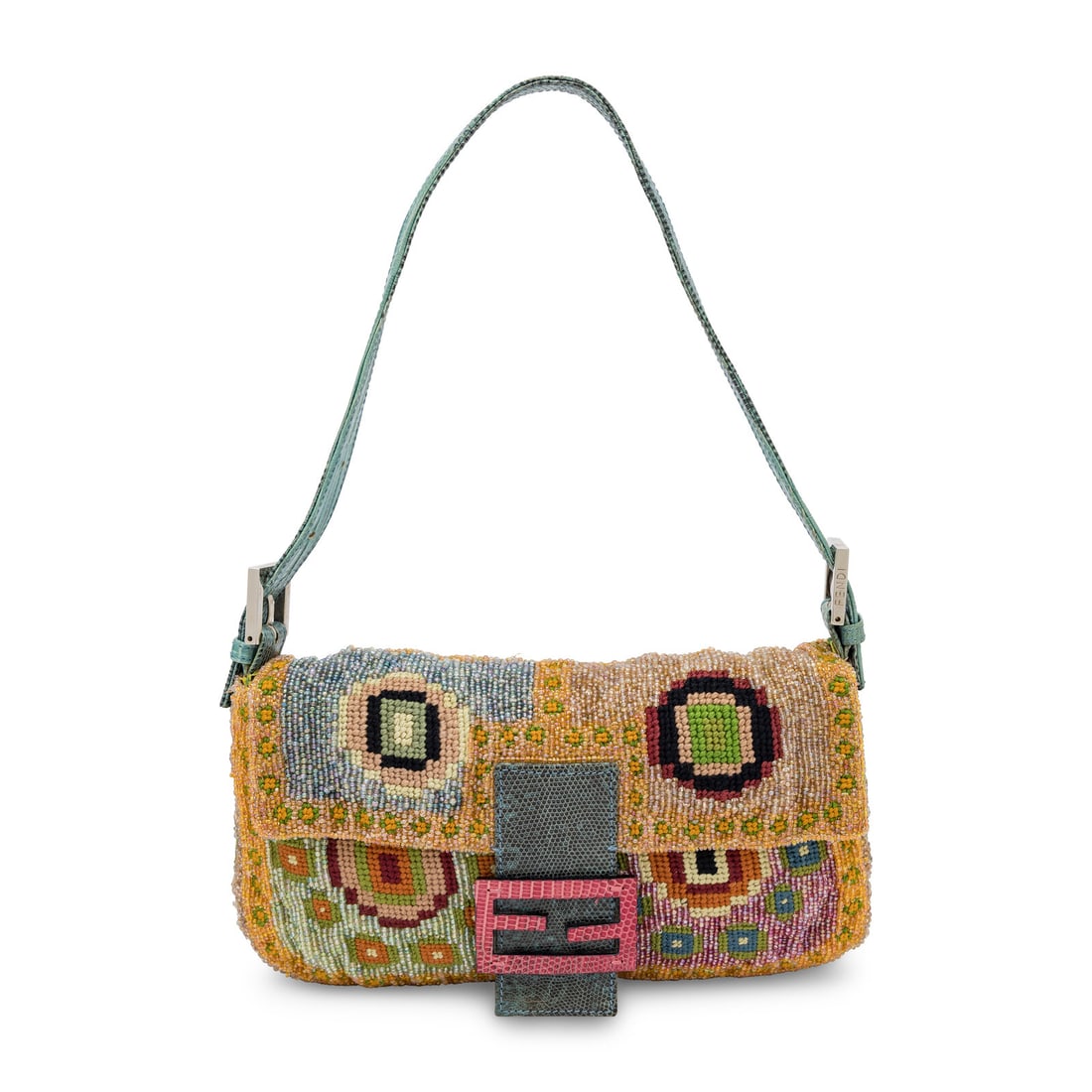 Fendi, Beaded Needlepoint Baguette: Fendi, Beaded Needlepoint Baguette Baguette bag in bead-embellished multicolor needlepoint with teal and pink lizard skin trim. Magnetic snap closure and flat leather strap. Label: Fendi Date: Late 19