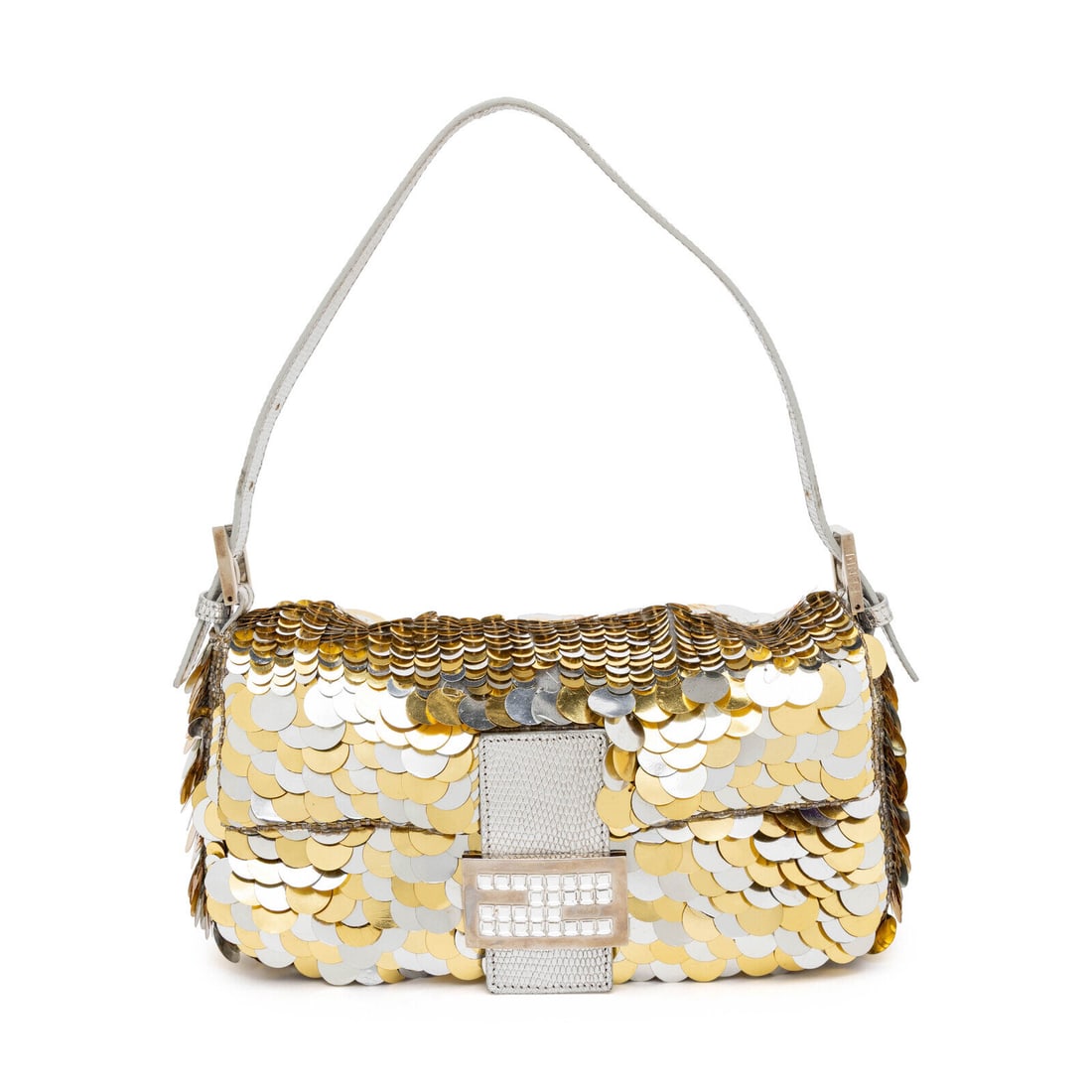 Fendi, Metallic Paillette-Embellished Baguette: Fendi, Metallic Paillette-Embellished Baguette Baguette bag in metallic silver and gold bead & paillette embellishments and metallic silver lizard skin trim. Features rhinestone-embellished closure. M