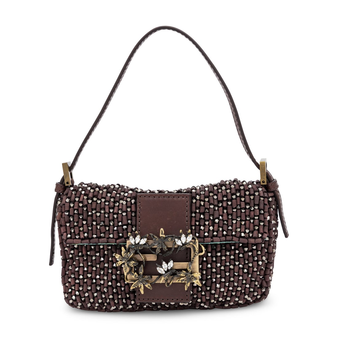 Fendi, Mini Baguette in Bead-Embellished Satin: Fendi, Mini Baguette in Bead-Embellished Satin Mini Baguette bag in wooden and plastic bead-embellished satin with brown leather trim. Features an aged gold-tone rhinestone-embellished floral clasp. M
